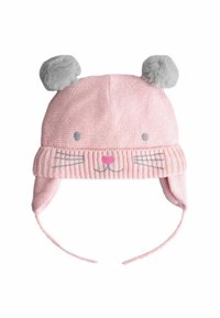 Căciulă tricotată roz cu pompoane gri și design de iepuraș. Are urechi din țesătură, ochi brodați, mustăți și un mic inimioară pe frunte.