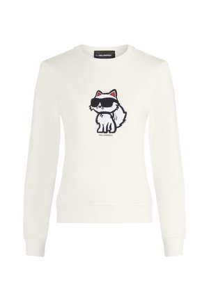 Vit sweatshirt med en tecknad räv med svarta solglasögon och rosa detaljer, tillverkad av mjukt tyg, med rundad halslinning och ribbade muddar.