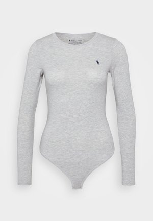 Gray long-sleeve bodysuit made of soft, stretchy fabric, featuring a round neckline and a small logo embroidered in navy.