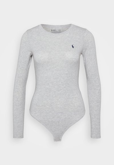 Gray long-sleeve bodysuit made of soft, stretchy fabric, featuring a round neckline and a small logo embroidered in navy.