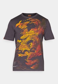 Camiseta de algodón gris oscuro con un vibrante diseño gráfico de dragón en naranja y amarillo en la parte frontal, cuello redondo y mangas cortas.