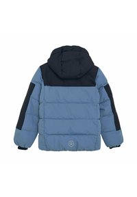 Leichte, gepolsterte Jacke in Hellblau und Marineblau, mit Kapuze, gesteppter Textur und schwarzen Akzenten an den Ärmeln. Mit Logo im unteren Rückenbereich.