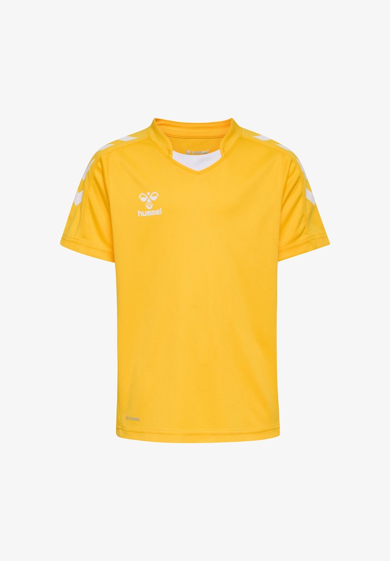 Gelbe Sporttrikot aus weichem Stoff, mit einem V-Ausschnitt, weißem Logo auf der Brust und weißen Akzenten an den Schultern.