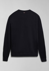 Sudadera negra de manga larga con cuello redondo, que presenta puños y bajo acanalados, textura de felpa suave y un pequeño detalle de logo cerca del cuello.