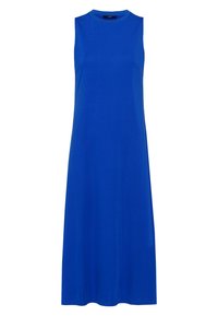 Sinivärviline õlavarteta kleit, mis on lõdva fit'i ja ümmarguse kaelusega, ning pika ja voolava siluetiga. Sile tekstuur, ilma nähtavate mustrite või aktsentideta.