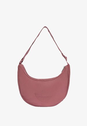 Kleine gebogen mauve schoudertas met verstelbare riem en subtiel geperst logo op de voorkant, hoofdvak met rits.