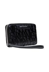 Wristlet nero di Armani Exchange con motivo a logo in rilievo, cerniera argento e tracolla rimovibile.