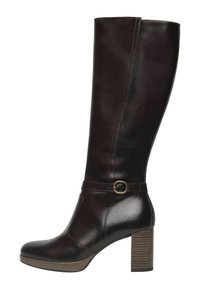Tall brown leather boots with a rounded toe, block heel, buckle accent, and seam detailing along the side. Smooth and textured finish.