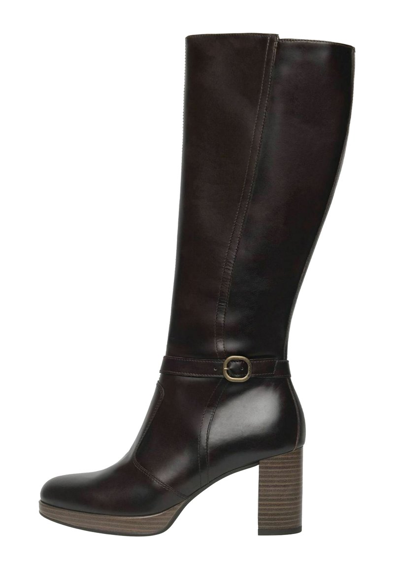 Tall brown leather boots with a rounded toe, block heel, buckle accent, and seam detailing along the side. Smooth and textured finish.