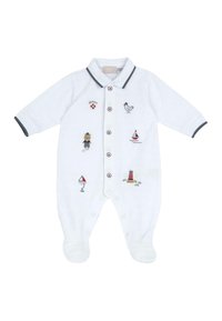 Un body blanco para bebé con cuello, que presenta coloridos diseños bordados, incluyendo un oso, un barco y un faro, con acentos de botones rojos.