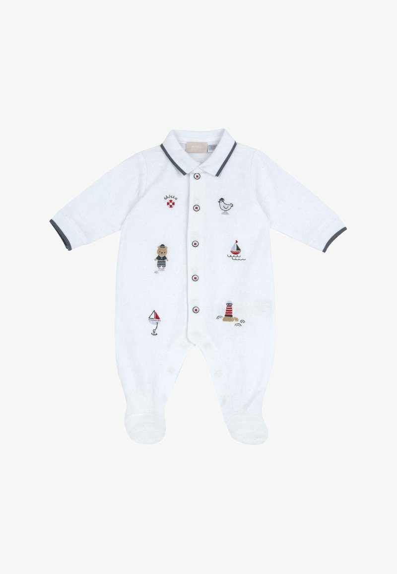 Body neonato bianco con colletto, caratterizzato da vivaci ricami colorati, tra cui un orso, una barca e un faro, con accenti di bottoni rossi.
