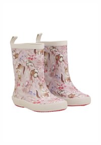 Bottes de pluie roses à motif floral, ornées d'illustrations d'animaux, avec une bordure blanche et des semelles en caoutchouc texturé pour une meilleure adhérence.