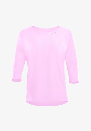 Maglia rosa a maniche lunghe realizzata in tessuto leggero. Presenta un collo tondo e una leggera spalla scesa. Texture liscia con una vestibilità comoda.