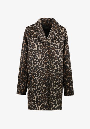 Leopardprint jas van zachte stof, met een kraag, lange mouwen en twee voorzakken in een zwart en bruin kleurenpalet.