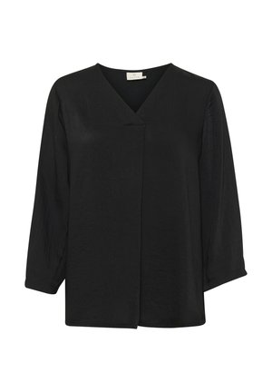 Schwarze Bluse mit V-Ausschnitt, langen Ärmeln und lockerer Passform. Hergestellt aus leichtem, glattem Stoff mit subtiler Haptik.