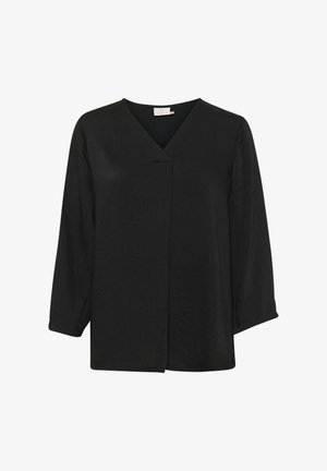 Zwarte blouse met een V-hals, lange mouwen en een relaxte pasvorm. Gemaakt van lichte stof met een gladde textuur en subtiele glans.