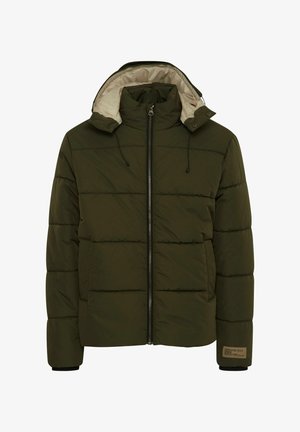 Olivno zelena puffer jakna s kapuco, poln zadrgo, elastičnimi manšetami, prešito zasnovo in svetlo oblogo. Ima oznako na robu.