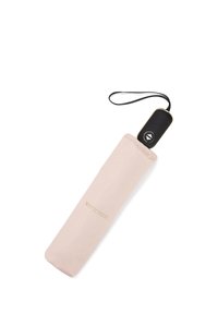 Compacte, roze stoffen parasolhoes met een zwarte handgreep; bevat de merknaam "WITTCHEN" in gouden tekst, met een polsband voor gemakkelijk dragen.