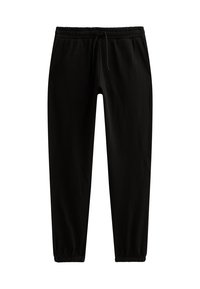 Zwarte, lichte sweatpants met een elastische tailleband en trekkoord, met taps toelopende benen en elastische boorden bij de enkels.