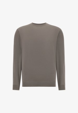 Sivý sveter s dlhým rukávom vyrobený z mäkkej pleteniny. Má okrúhly výstrih a žebrované manžety a spodný lem. Hladká textúra s minimalistickým dizajnom.