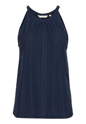 Tmavě modrý bezrukávový top s halter výstřihem, očkovaným materiálem s geometrickými vzory a volným střihem pro pohodlí.