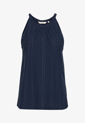 Marineblaue ärmellose Bluse mit Halspartie, aus Eyelet-Stoff mit geometrischen Mustern und einem lockeren Schnitt für Komfort.