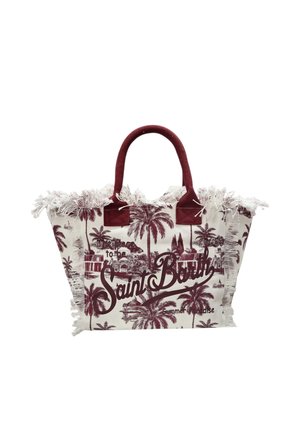 Borsa tote in tela con stampa di palme color granata, bordi sfrangiati e manici granata, con scritta “Saint Barth” in corsivo spesso.