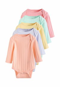 Viis pastellvärvi pika varrukaga body't: virsiku, lilla, kollane, mündi ja helesinine. Valmistatud soonikkoes materjalist ja varustatud trukkidega.