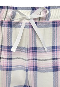 Pantalones cortos de pijama de cuadros con cintura elástica, que presentan cuadros en blanco, rosa y azul, y una cinta de tela blanca en la cintura.
