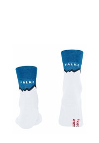 Białe skarpetki z niebieskim mankietem, z wzorem górskich zygzaków oraz logotypem "FALKE". Wykonane z gładkiego, miękkiego materiału.