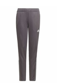 Graue Sporthose aus glattem Stoff, mit schmalem Schnitt, elastischem Bund und weißem Adidas-Logo auf der Vorderseite.