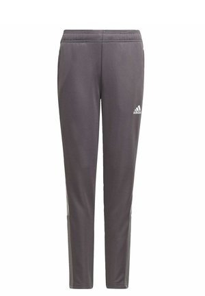 Grijze sportbroek van gladde stof, met een taps toelopende pasvorm, een elastische tailleband en het witte Adidas-logo aan de voorkant.