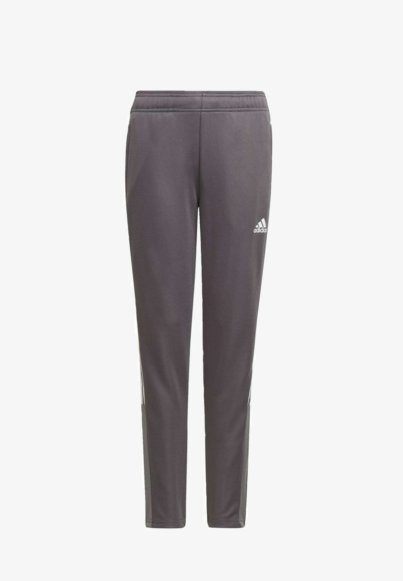 Gray athletic pants made of smooth fabric, featuring a tapered fit, elastic waistband, and white Adidas logo on the front.