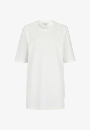 Schlichtes weißes T-Shirt mit kurzen Ärmeln und Rundhalsausschnitt, locker sitzend mit glatter Textur, vor weißem Hintergrund dargestellt.