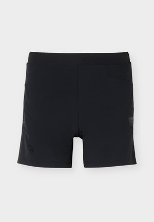 Čierne športové šortky s elastickým pásom, dvoma bočnými vreckami a nenápadným logom na dolnej ľavej nohe.