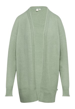 Cardigan vert clair, devant ouvert, en maille douce, épaules tombantes, poignets et ourlet côtelés, manches longues, sans fermetures.