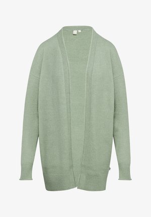 Cardigan vert clair, devant ouvert, en maille douce, épaules tombantes, poignets et ourlet côtelés, manches longues, sans fermetures.