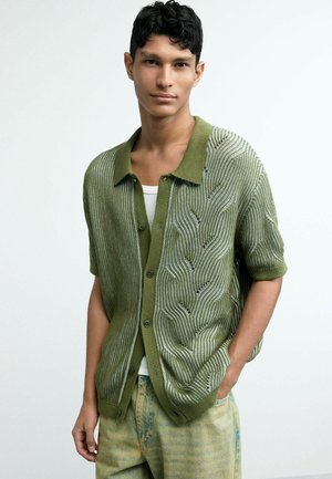 Ung mand iført en åben olivengrøn strikket cardigan med bølgemønstre over en hvid skjorte og lysegrønne bukser, hænderne i lommerne.