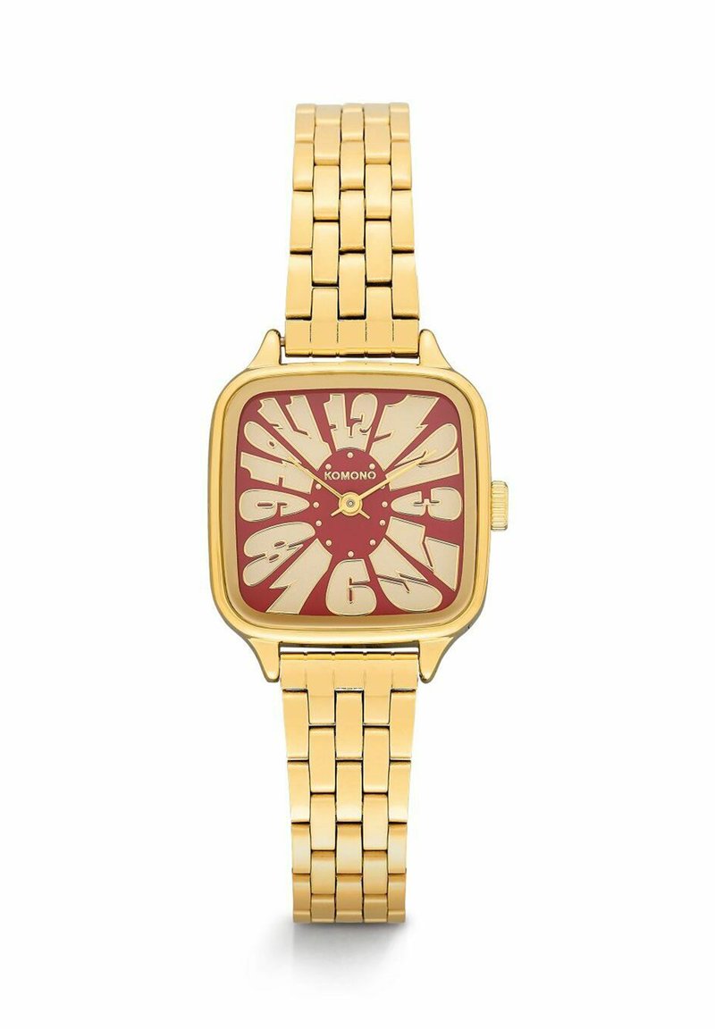 Montre en or avec un cadran rouge carré, de grands chiffres stylisés en or, un bracelet en maillons d'or et trois aiguilles dorées affichant 10:10:09.
