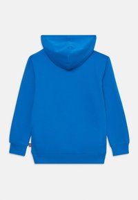 Felpa blu realizzata in tessuto morbido, presenta un cappuccio spazioso, maniche lunghe e polsini e orlo a costine. Design semplice con dettagli minimi.