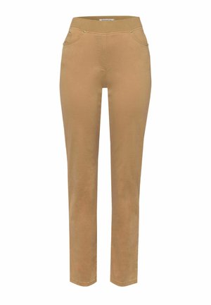 Beige Baumwollhosen mit geradem Schnitt, elastischem Bund und dezenten Nähten. Verfügt über zwei Fronttaschen und metallische Akzente.