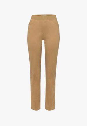 Beige cotton trousers with a straight fit, elastic waistband, and subtle stitching details. Features two front pockets and metal accents.
