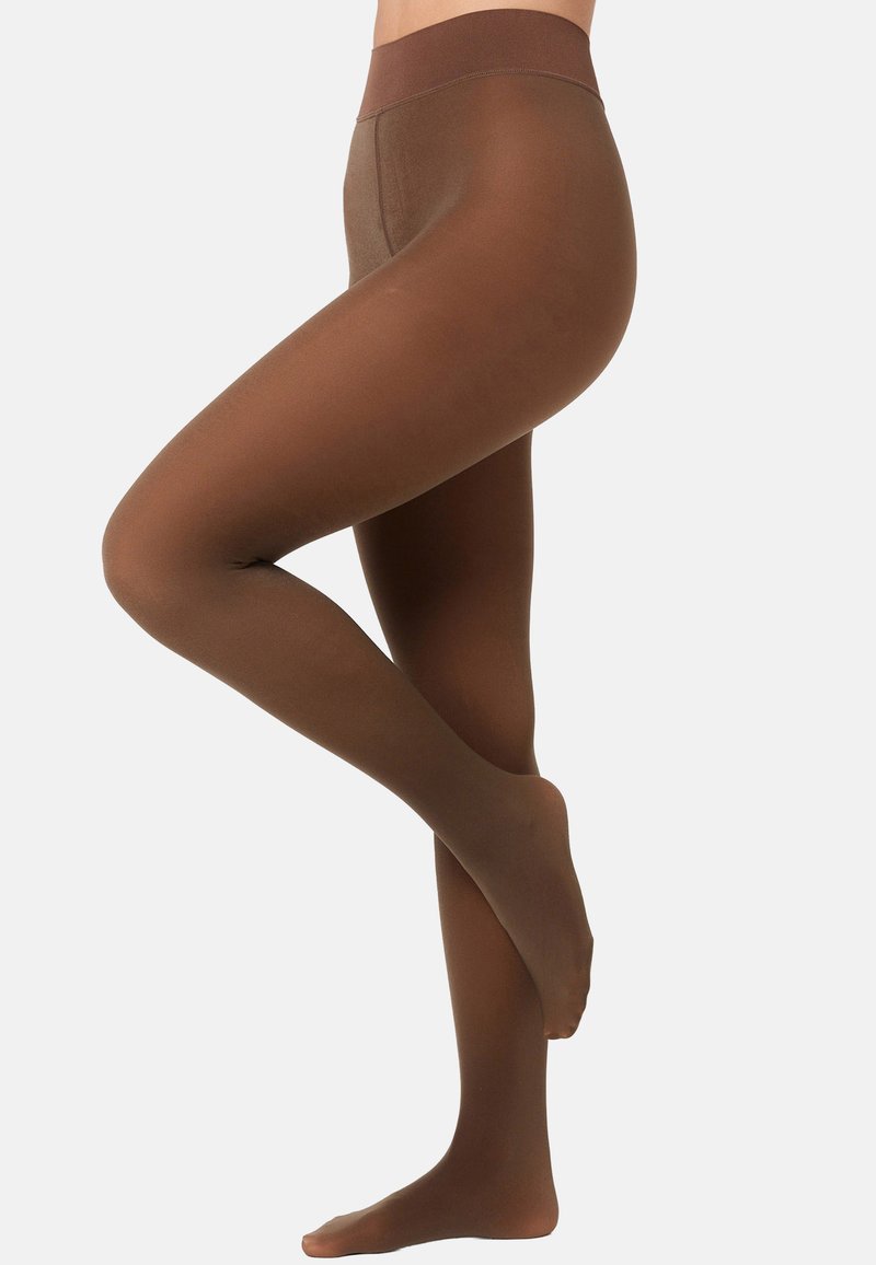 Braune blickdichte Strumpfhose mit glatter Textur und breitem Bund, ausgestattet mit einem durchgehenden Bein-Design. Geeignet für verschiedene Outfits und Anlässe.