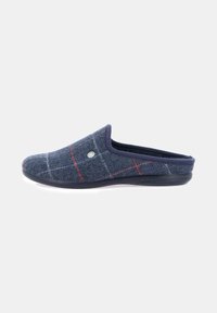 Pantofole in lana con un motivo a zig zag blu, dettagli rossi, punta arrotondata e un tallone basso. Suola in gomma per una buona aderenza e durata.