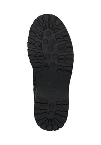 Suola di scarpa in gomma nera con profondi modelli di battistrada e indentazioni circolari, dotata di sezioni testurizzate per aderenza e durata.