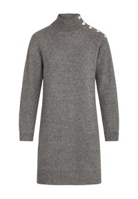 Abito maglione grigio a coste con collo alto e maniche lunghe. Presenta bottoni decorativi sulla spalla per un tocco in più.