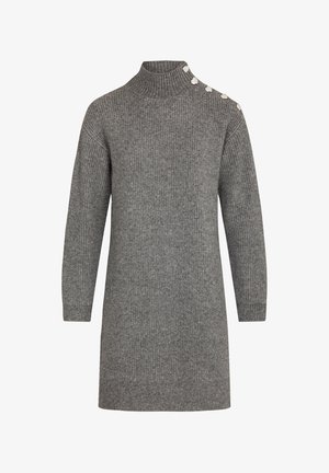Robe pull gris à côtes avec un col montant et des manches longues. Présente des boutons décoratifs sur l'épaule pour un détail supplémentaire.