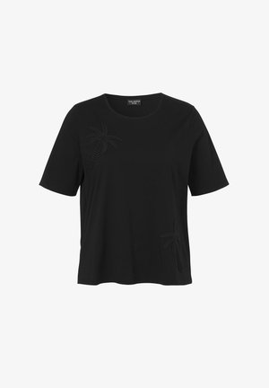 Zwart shirt met korte mouwen en een ronde halslijn, met subtiele geborduurde palmboommotieven op de bovenste linkerborst en de onderste rechterzijde.