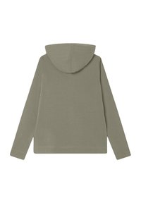 Felpa con cappuccio verde oliva. Caratterizzata da maniche lunghe, un design semplice e una texture morbida. La vista posteriore non mostra loghi o motivi visibili.