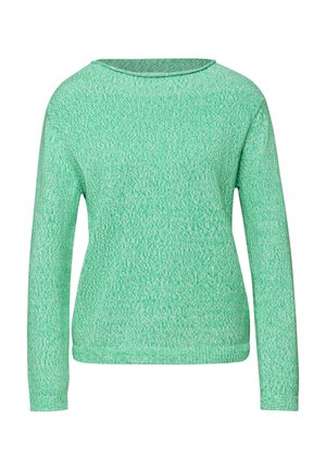 Grün-weiß melierter Strickpullover mit langen Ärmeln und Rundhalsausschnitt, von hinten vor neutralem Hintergrund gezeigt.
